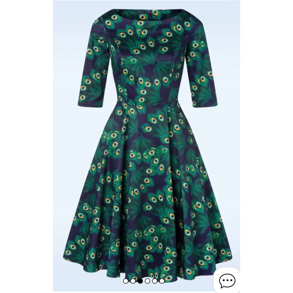 TopVintage Boutique Peacock Feather Print Swing Dress Green Blue 3XL Pockets - Picture 2 of 14